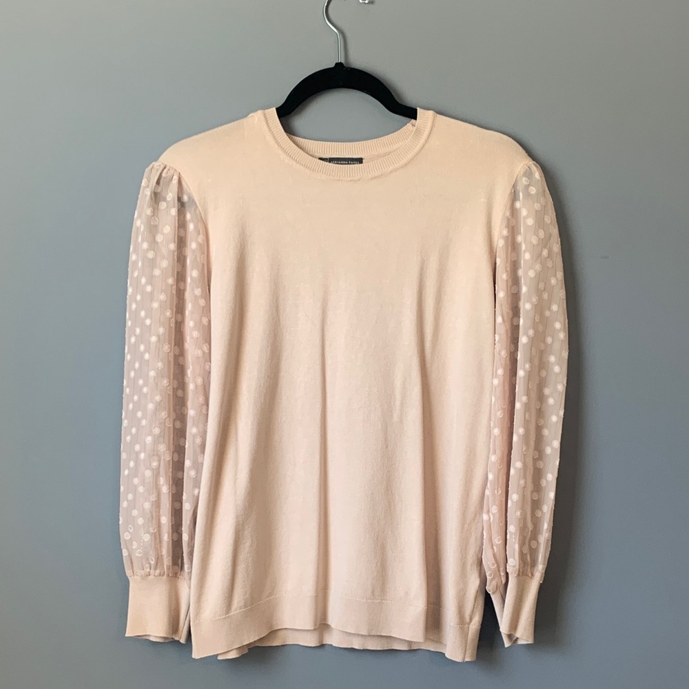Elegant Adrianna Papell Light Pink Sweater with Sheer Polka Dot Sleeves